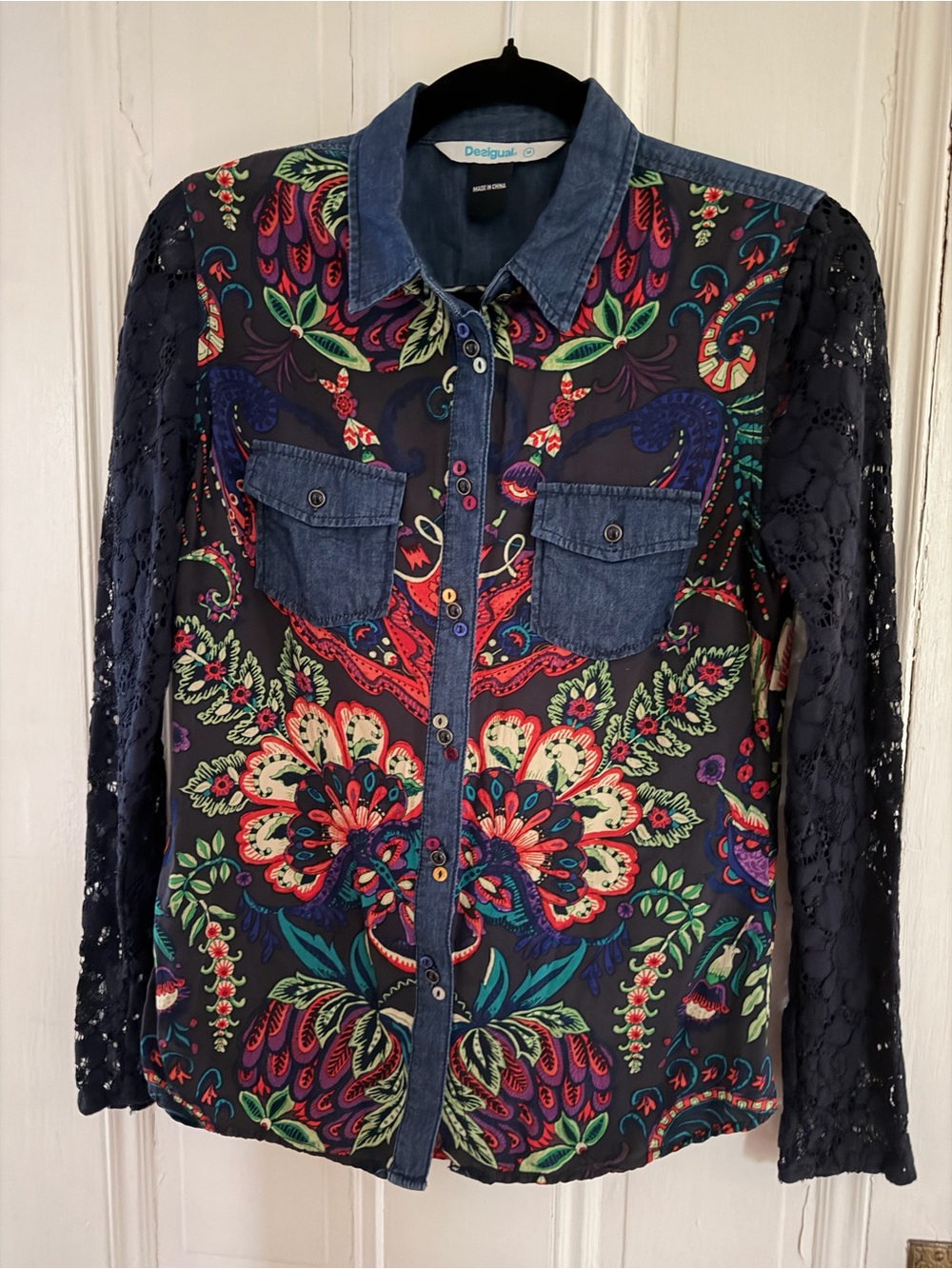 Desigual Floral Print Chambray & Lace Button Front Blouse Size M